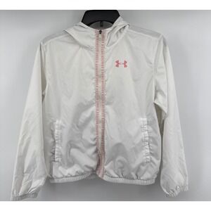 Under Armour Girls White Pink Full Zip Hooded Windbreaker Jacket Size YLG Large